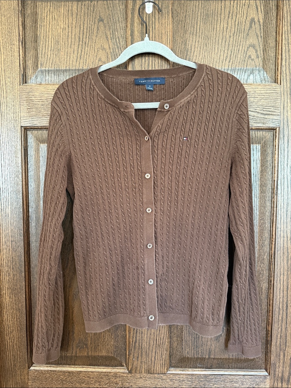 Vintage Y2K Tommy Hilfiger Brown Cable-Knit Button Cardigan Medium